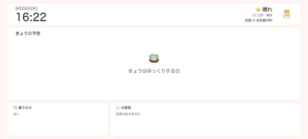 ファミボードの画面例(日付・天気・洗濯指数・きょうの予定・買うもの・伝言板)